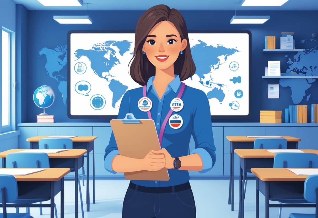 13 English Teacher Resume Examples & Guide for 2025: Expert Tips to Impress Schools 3 An English teacher standing in a classroom holding a clipboard with badges representing teaching certifications, surrounded by educational materials and a world map.