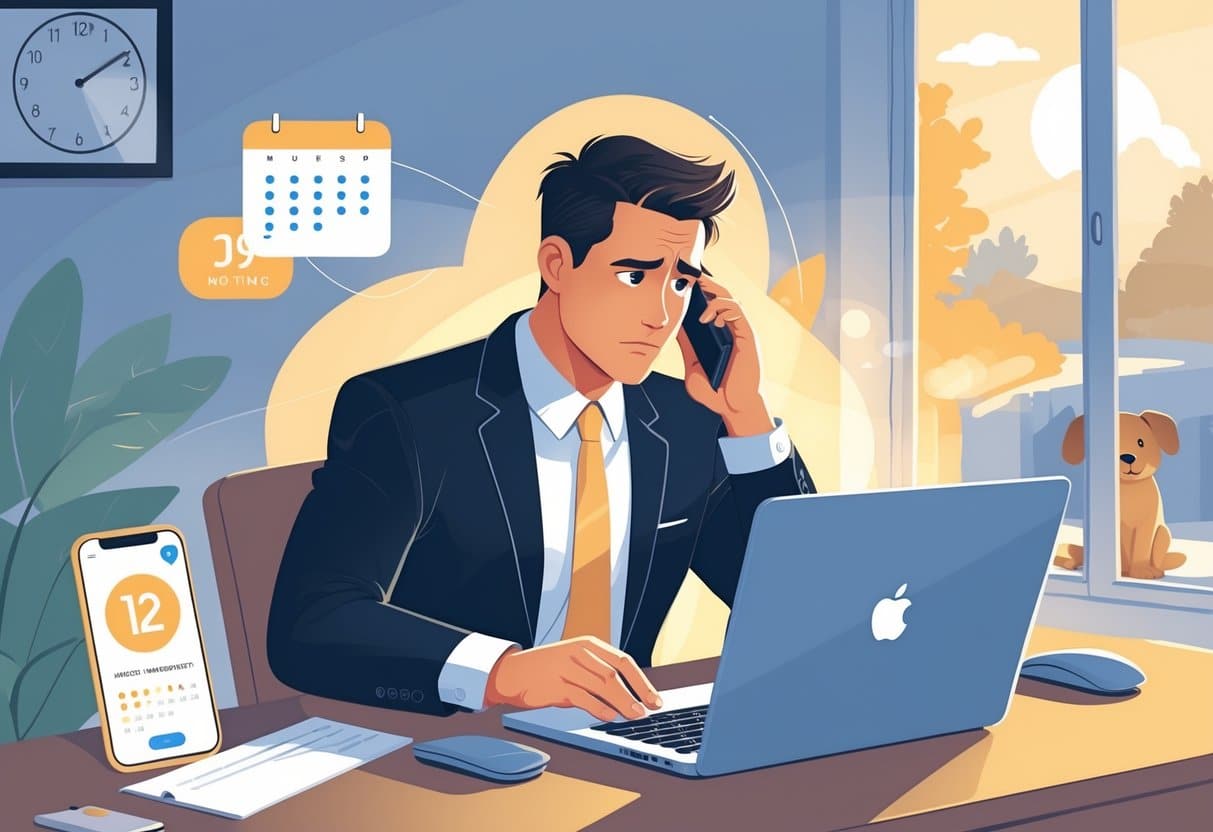 7 Excuse for Being Late for Work That Won’t Get You Fired in 2025: Practical Reasons Employers Understand 4 A worried person in business clothes at a desk with a laptop and phone, with a child and pet in the background, suggesting a family emergency causing delay.