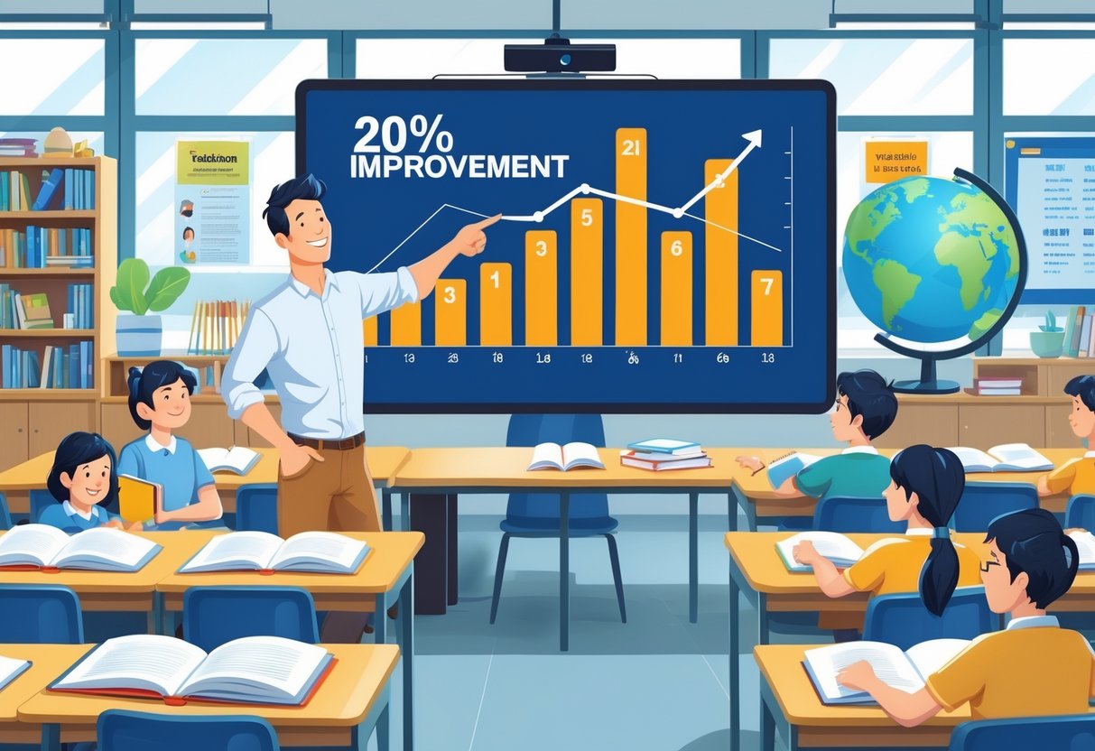 13 English Teacher Resume Examples & Guide for 2025: Expert Tips to Impress Schools 4 An English teacher in a classroom pointing at a large screen showing a rising bar graph while students read and take notes.