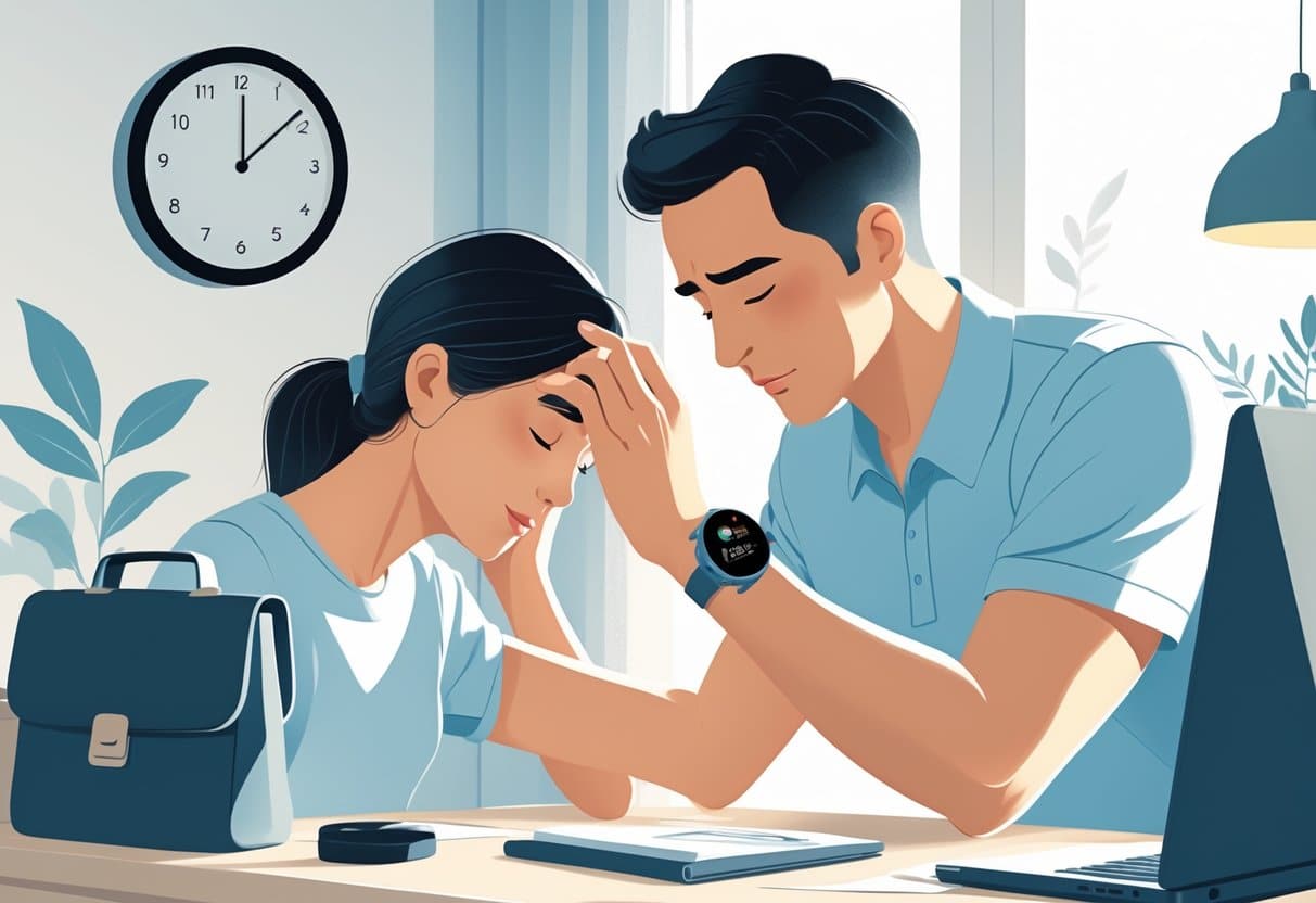 7 Excuse for Being Late for Work That Won’t Get You Fired in 2025: Practical Reasons Employers Understand 5 An adult caring for a family member who suddenly feels unwell at home, with a smartphone nearby showing a work notification.
