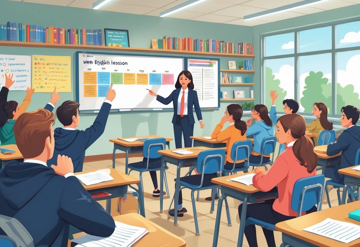 13 English Teacher Resume Examples & Guide for 2025: Expert Tips to Impress Schools 5 An English teacher managing a classroom with engaged students raising hands and working together in a bright, organized learning environment.