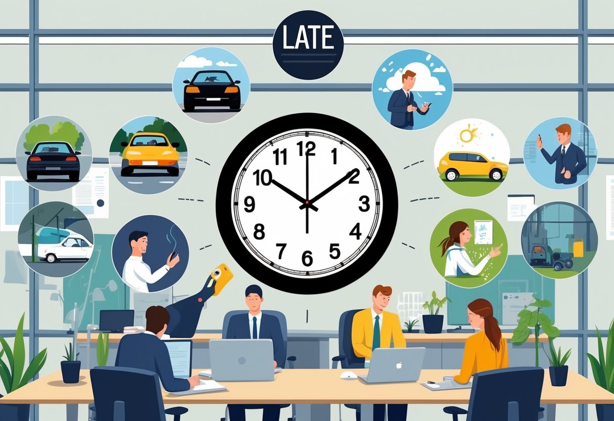 10 Excuse for Showing Up Late at Work: Practical Reasons Employees Use 1 An office scene with a clock showing late time surrounded by ten small scenes of people facing common delays like traffic, flat tire, spilled coffee, broken alarm, helping others, rain, transit delay, grooming issues, pet trouble, and weather alerts.