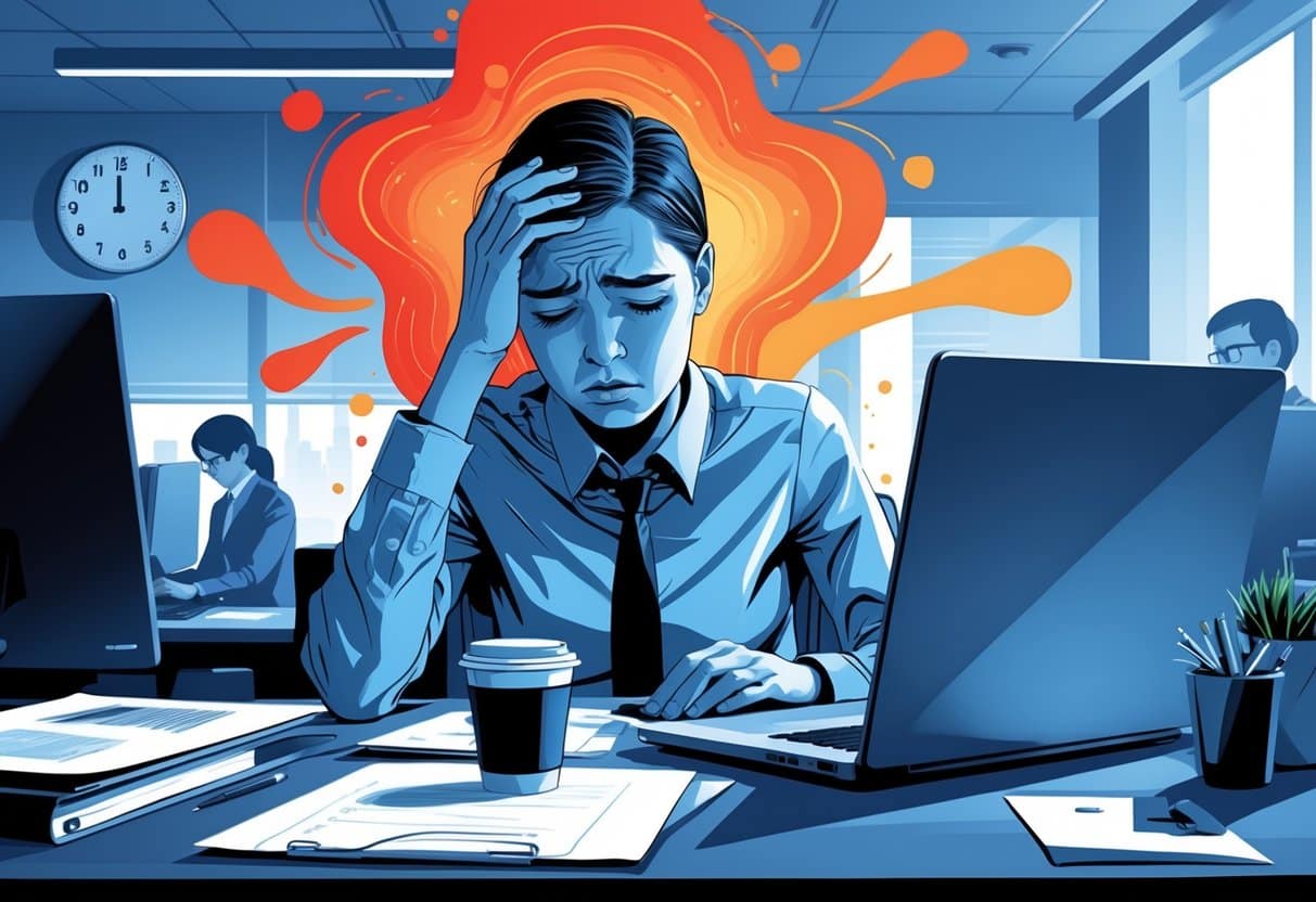 10 Excuse for Showing Up Late at Work: Practical Reasons Employees Use 3 A person at a desk holding their head in pain, surrounded by office items and abstract shapes representing a severe migraine.