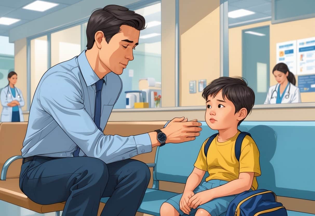 10 Excuse for Showing Up Late at Work: Practical Reasons Employees Use 4 A parent holding the hand of a young child in a hospital waiting room, with a nurse in the background.
