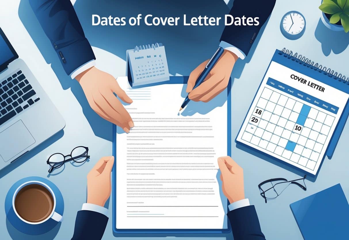 Cover Letter Dates: When, Why, and How to Include One Effectively 1 A desk with a laptop showing a digital document, an open calendar with highlighted dates, a hand holding a pen above paper, and office items like a clock, coffee cup, and glasses.