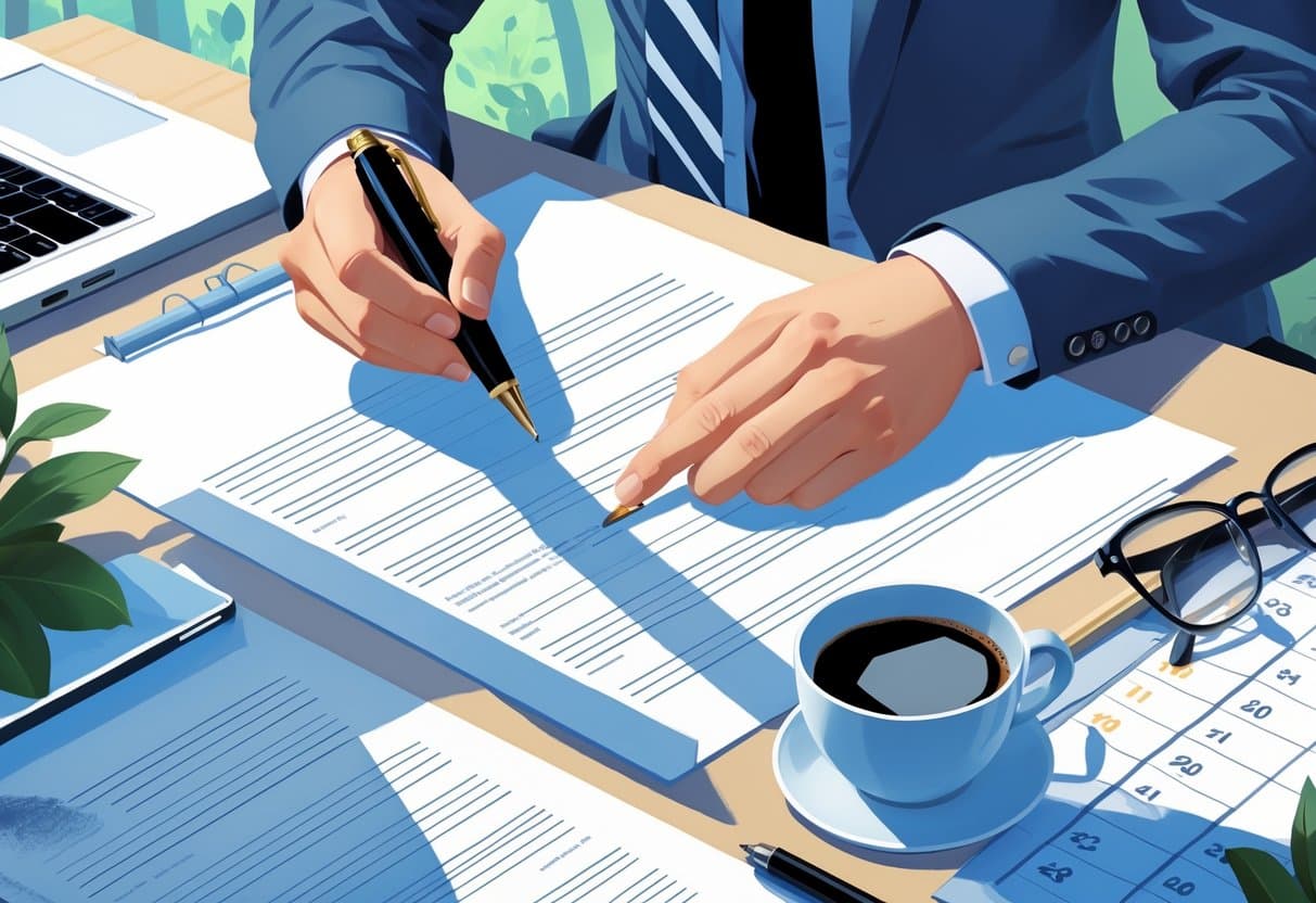 Cover Letter Dates: When, Why, and How to Include One Effectively 2 A hand holding a pen poised over a cover letter on a desk with a calendar showing a highlighted date nearby, surrounded by office supplies.