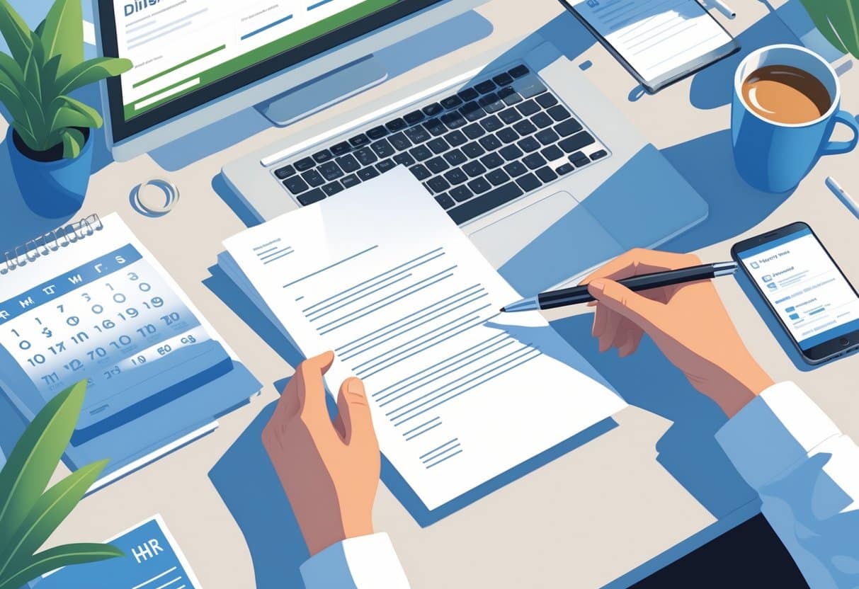 Cover Letter Dates: When, Why, and How to Include One Effectively 4 A workspace with a laptop, calendar, and a hand about to write the date on a cover letter.