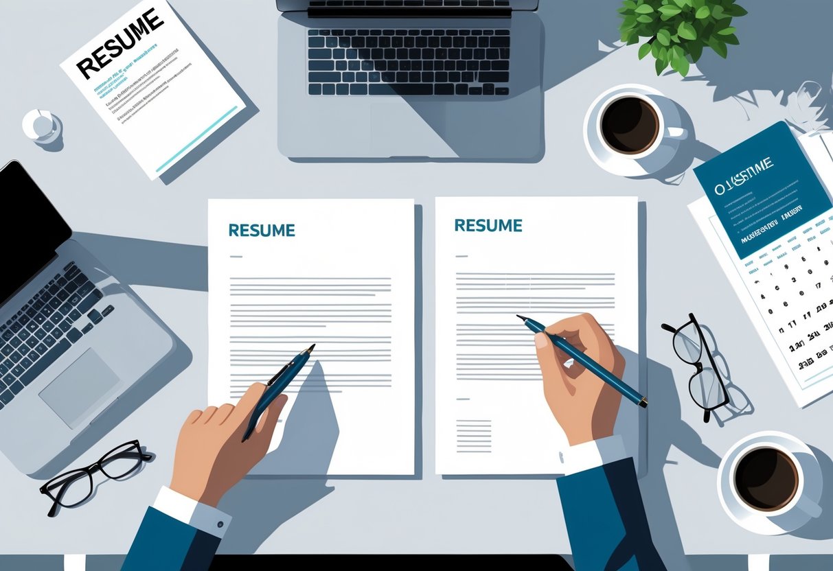 Cover Letter Dates: When, Why, and How to Include One Effectively 5 A workspace with a resume and cover letter side by side on a desk, a hand pointing at the date on the cover letter, with office items like a laptop, calendar, coffee cup, and glasses nearby.
