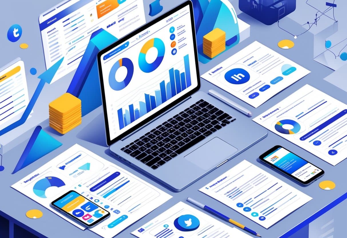 A workspace with a laptop, smartphone, and resume documents surrounded by social media icons and digital interface elements representing social media management and resume preparation.