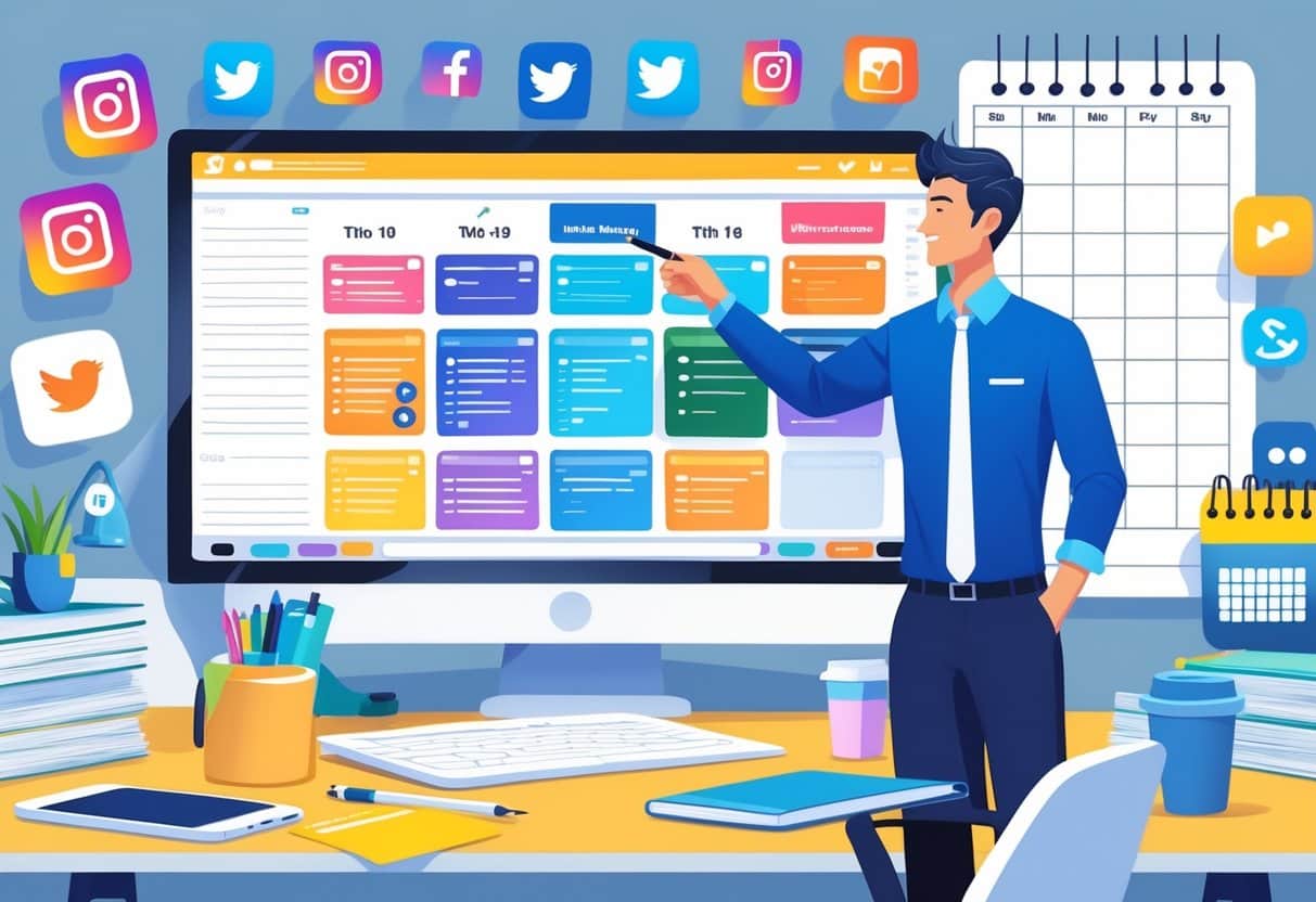 A person at a desk pointing at a digital content calendar on a computer screen surrounded by social media icons and planning materials.