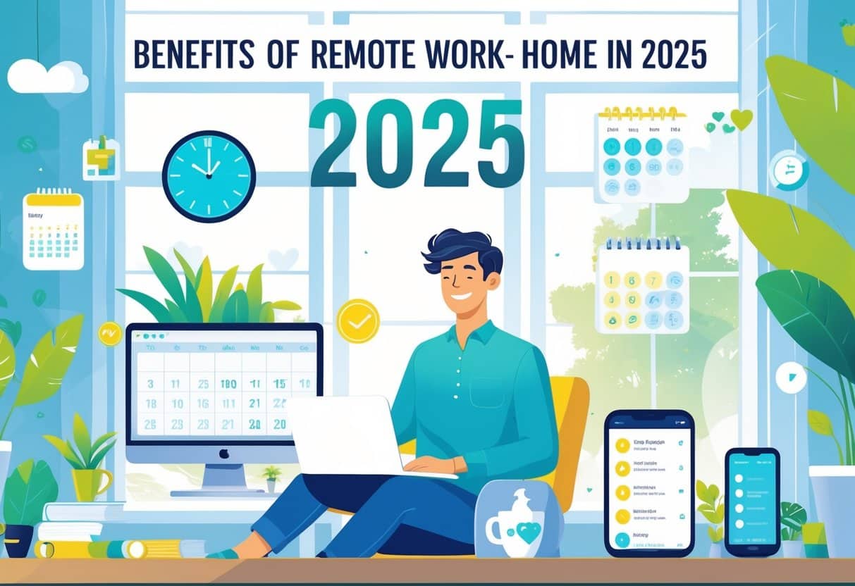 7 Benefits of Working a Remote Work From Home Job in 2025: Key Advantages for Modern Professionals 3 A person working comfortably at a home desk with a laptop, surrounded by symbols of saved time, flexibility, and reduced stress, including a clock, calendar, plants, and a calm window view.
