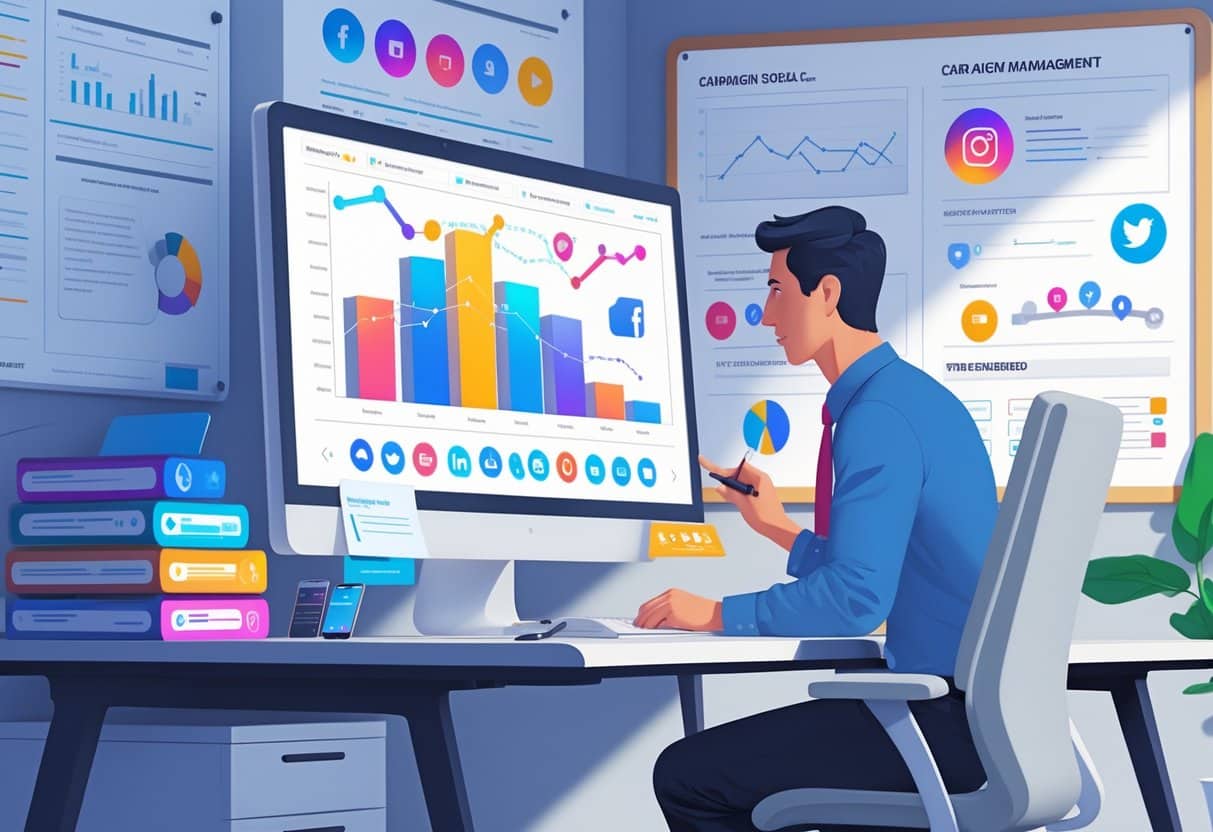 A person at a desk analyzing social media campaign data on a computer with charts and icons, surrounded by notes and strategy boards.
