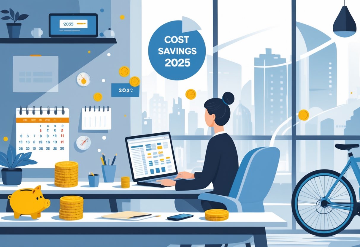7 Benefits of Working a Remote Work From Home Job in 2025: Key Advantages for Modern Professionals 4 A person working on a laptop at a home office desk with symbols of savings like a piggy bank, coins, a bicycle, and a meal container nearby.