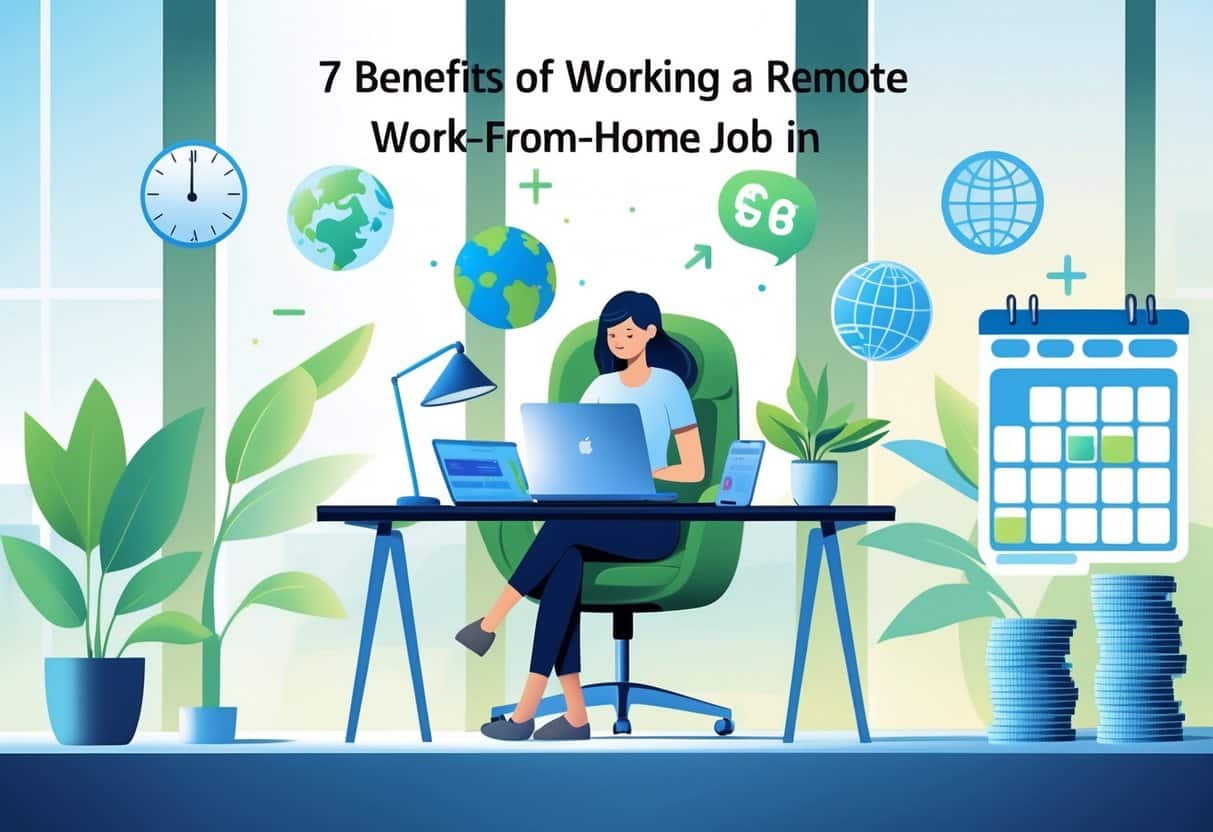 7 Benefits of Working a Remote Work From Home Job in 2025: Key Advantages for Modern Professionals 5 A person working on a laptop at a home office desk surrounded by symbols of flexible hours, comfort, global connectivity, work-life balance, wellbeing, financial savings, and productivity, with a bright window and modern technology in the background.