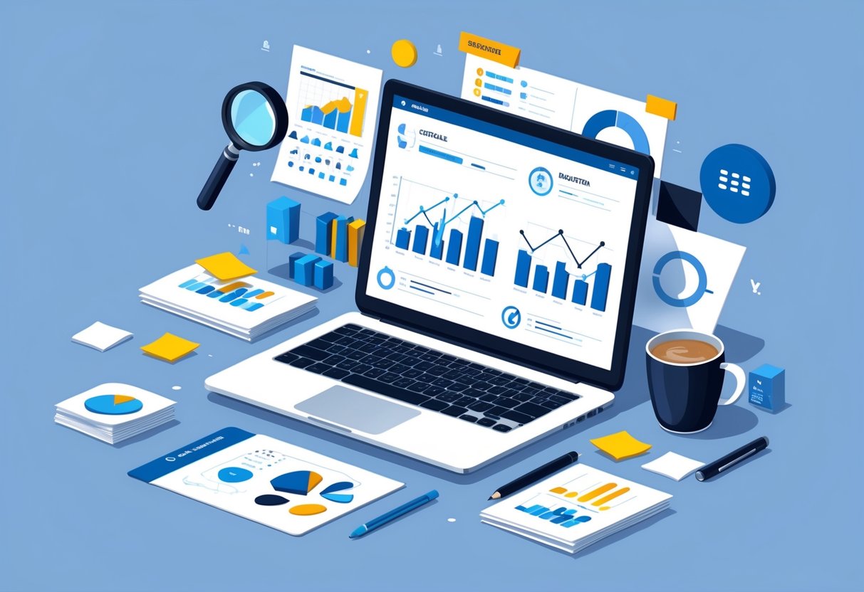 Core Competencies on Resume: Examples & Guide for Showcasing Your Skills 2 A workspace with a laptop showing data charts and graphs, surrounded by documents and icons representing data analysis skills.