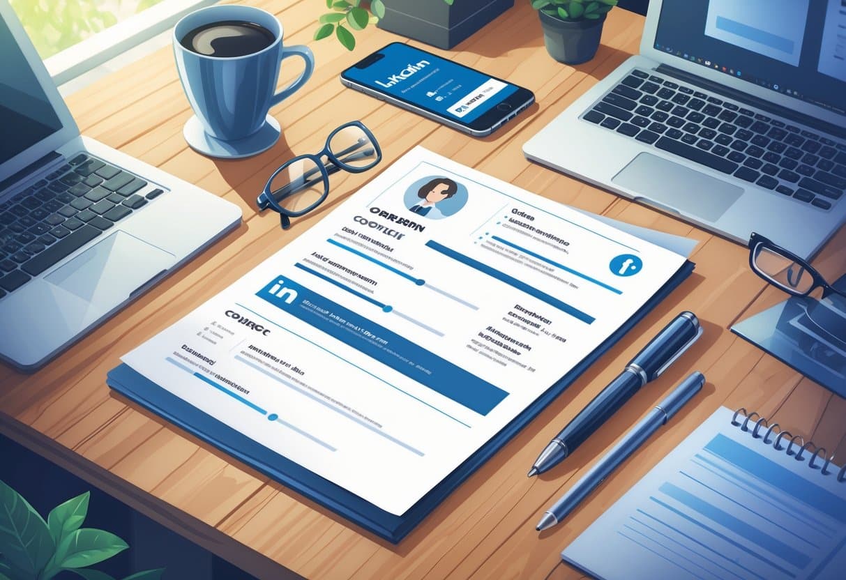How to Put LinkedIn on Your Resume: Expert Tips and Best Practices 3 A workspace with a resume on a desk showing a contact section with a LinkedIn icon, surrounded by a laptop, coffee cup, smartphone, pen, and glasses.