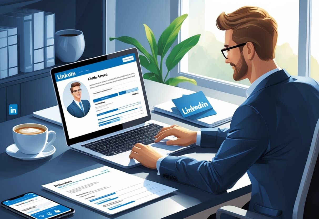How to Put LinkedIn on Your Resume: Expert Tips and Best Practices 4 A businessperson working at a desk with a laptop showing a professional profile and a resume document nearby.