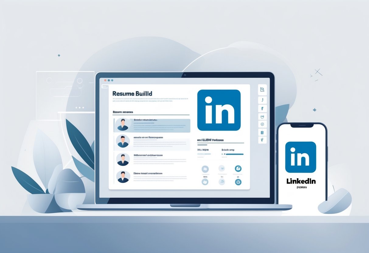 How to Put LinkedIn on Your Resume: Expert Tips and Best Practices 5 A clean workspace with a laptop showing a resume template and a smartphone displaying a LinkedIn profile icon.
