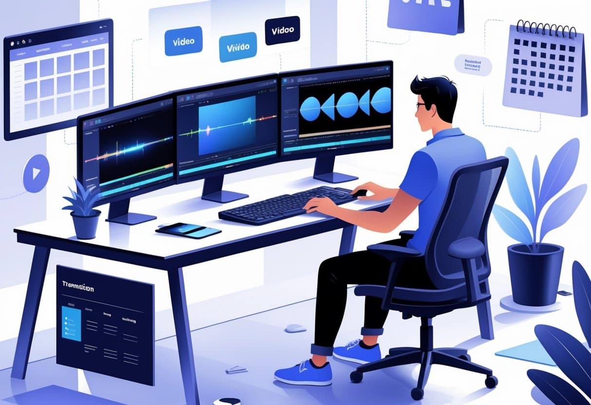 15 Video Editor Resume Examples & Guide for 2025: Templates, Skills, and Tips for Success 1 A person working at a desk with dual monitors showing video editing software, surrounded by creative tools and a calendar.