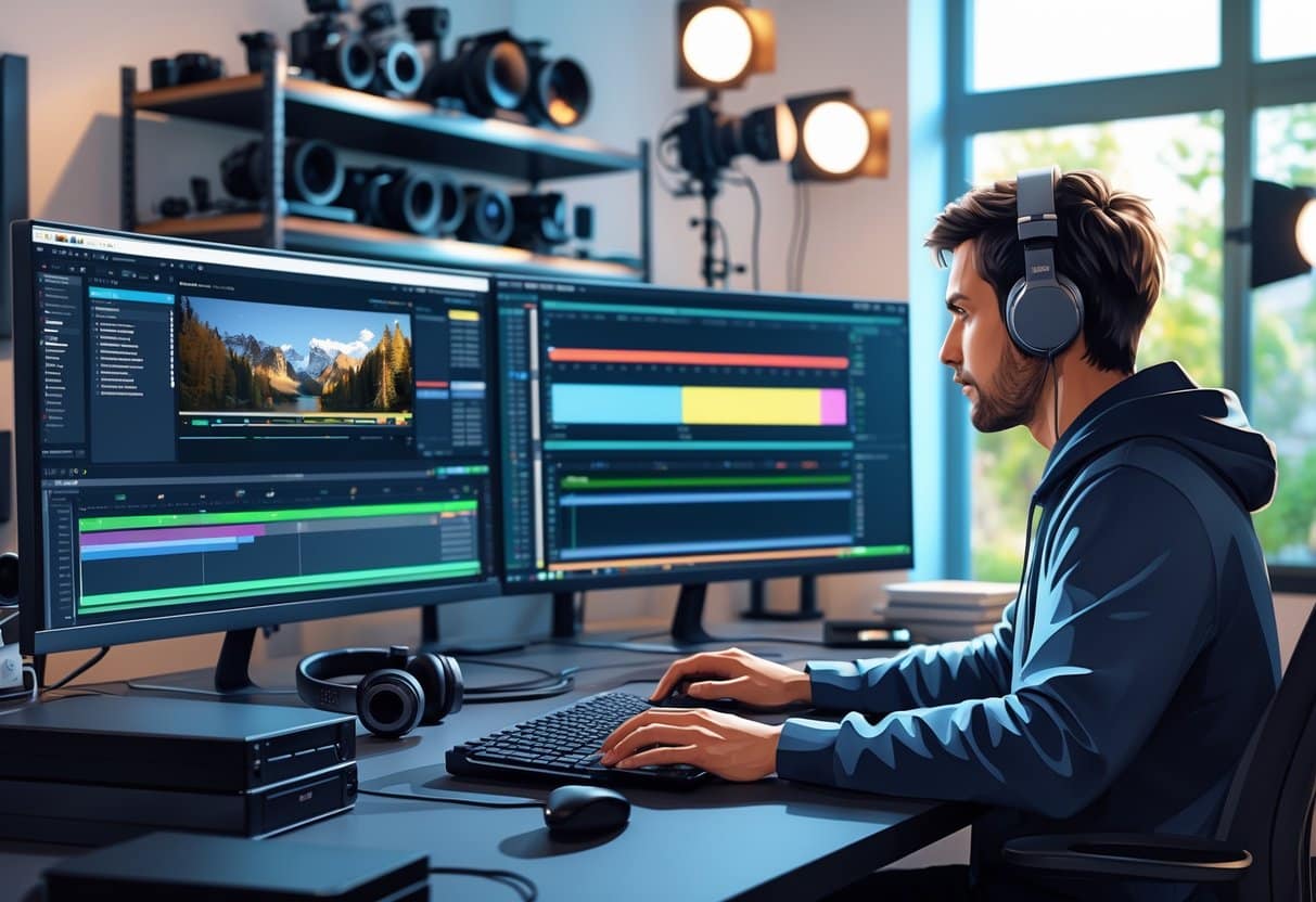 15 Video Editor Resume Examples & Guide for 2025: Templates, Skills, and Tips for Success 3 A person working at a video editing workstation with multiple monitors displaying video editing software in a studio environment.