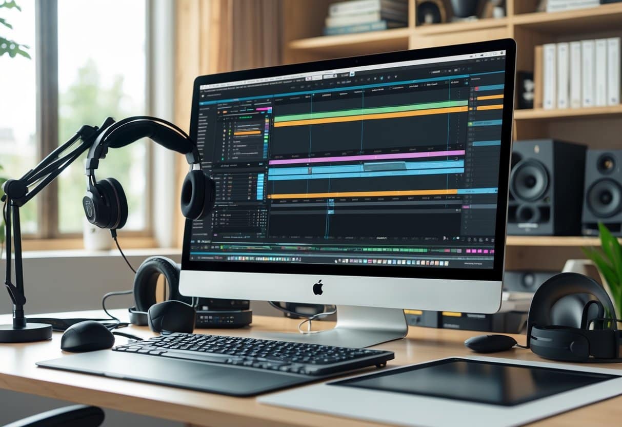 15 Video Editor Resume Examples & Guide for 2025: Templates, Skills, and Tips for Success 4 A video editor's workspace with a computer showing a video editing timeline and various professional editing tools around it.