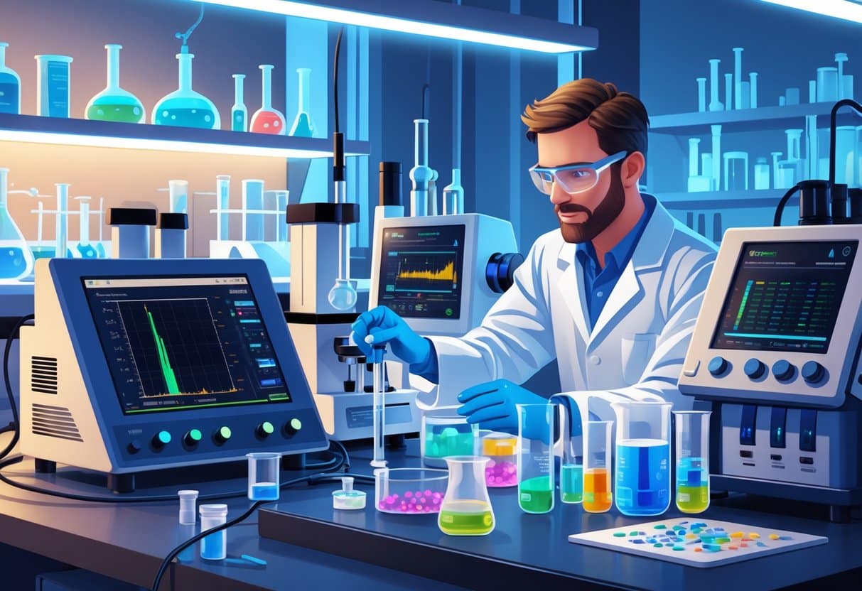 9 Analytical Chemist Resume Examples & Guide for 2025: Expert Tips to Land Your Next Role 2 An analytical chemist in a lab coat working with various spectroscopy instruments in a modern laboratory filled with scientific equipment and chemical samples.