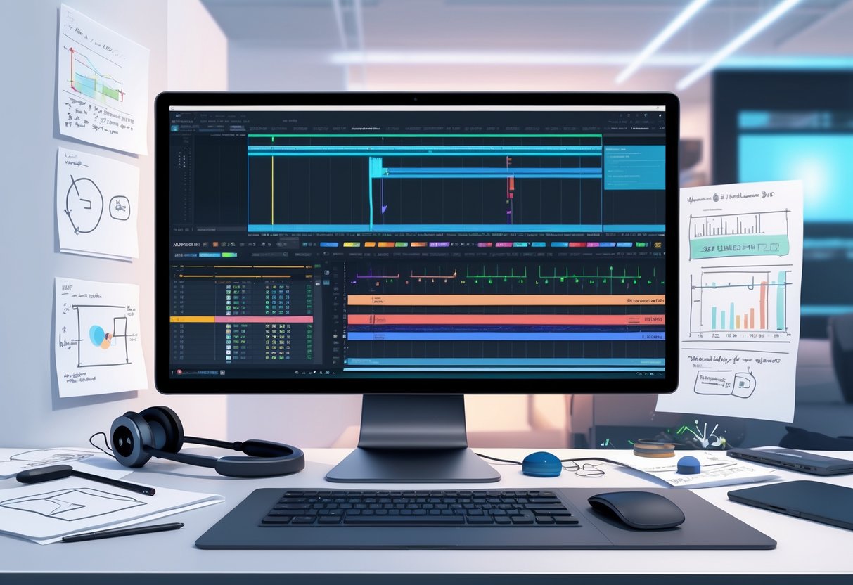 15 Video Editor Resume Examples & Guide for 2025: Templates, Skills, and Tips for Success 5 A modern workspace with a computer showing a complex video editing timeline and color grading panels, surrounded by creative tools in a clean office setting.