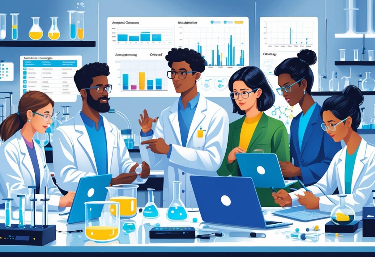 9 Analytical Chemist Resume Examples & Guide for 2025: Expert Tips to Land Your Next Role 4 A team of analytical chemists working together in a laboratory, with one person leading a discussion while others analyze samples and review data.