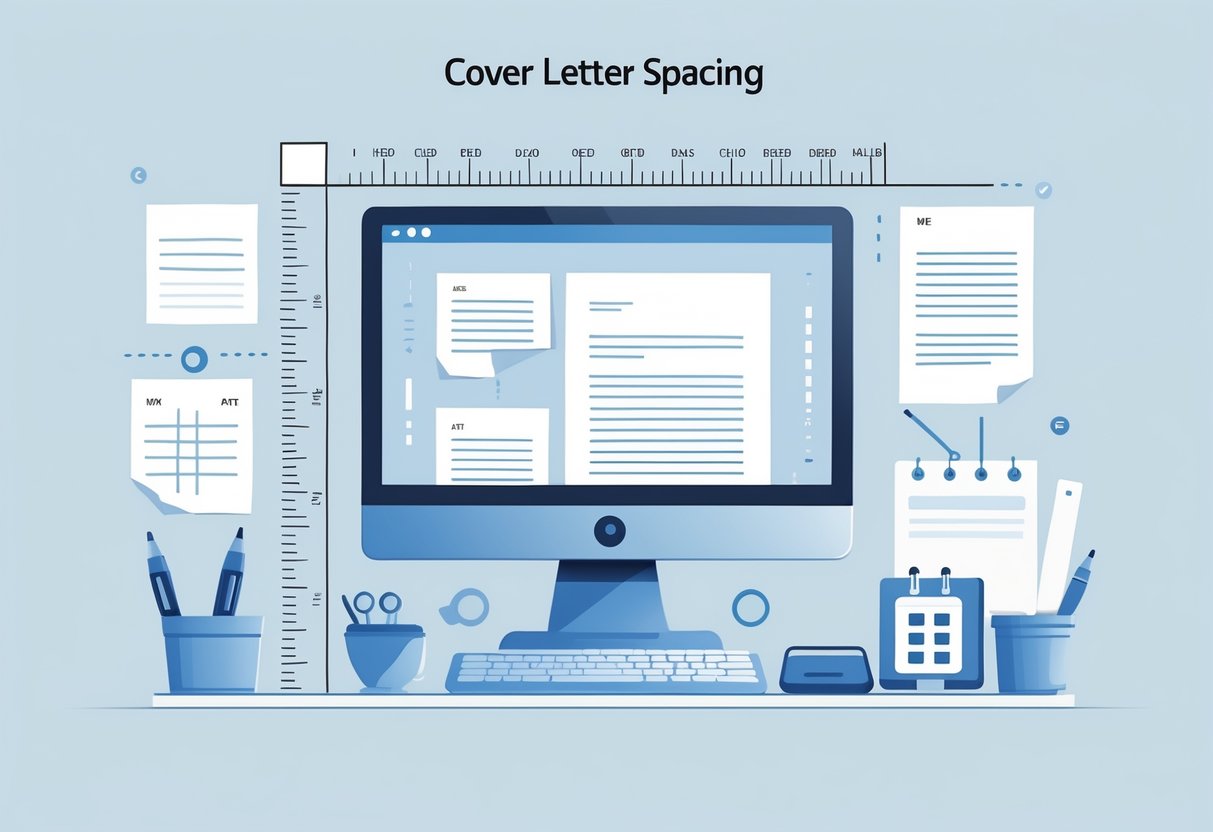 A workspace with a computer showing a document layout, surrounded by rulers and spacing guides highlighting text alignment and spacing.