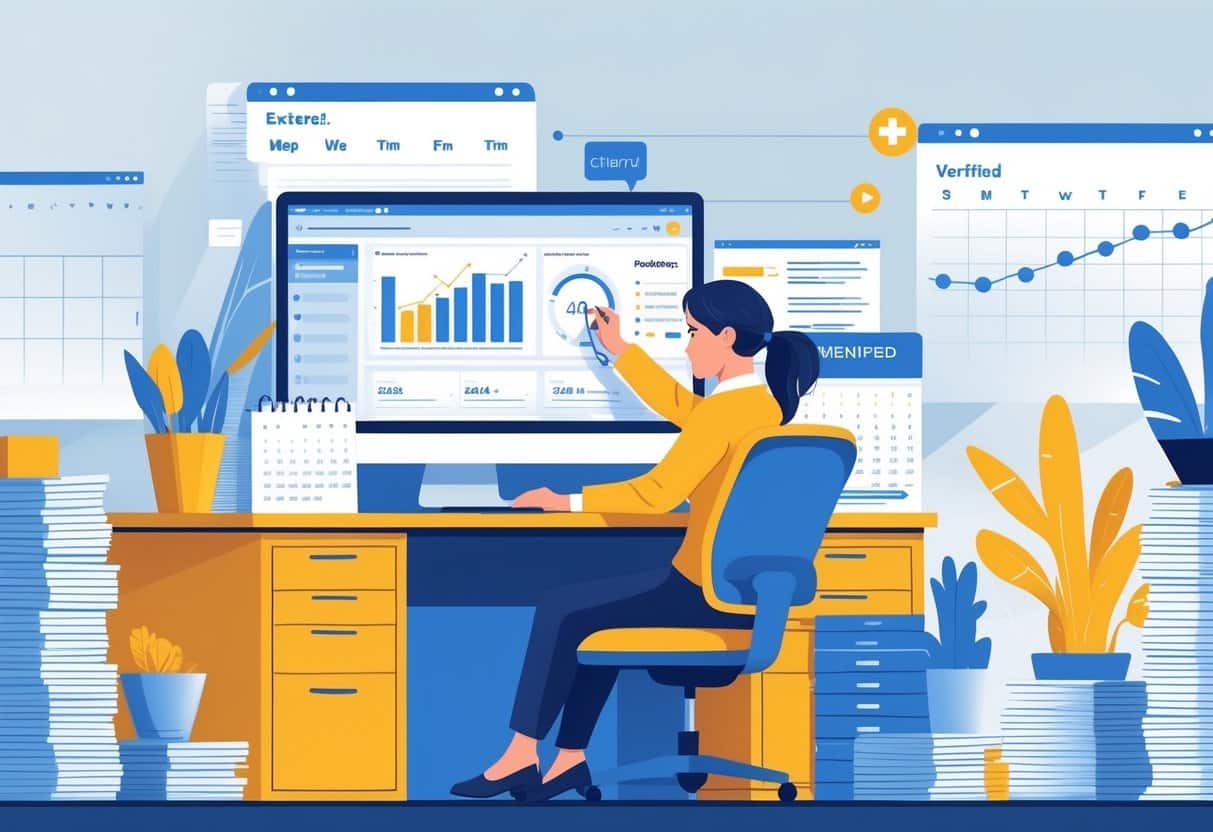 11 Data Entry Clerk Resume Examples - March 2025: Top Samples and Writing Tips 3 A data entry clerk working at a desk with a computer, surrounded by documents and charts in a bright office.
