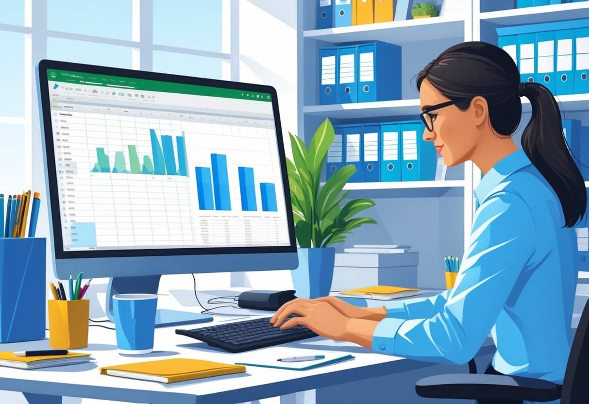11 Data Entry Clerk Resume Examples - March 2025: Top Samples and Writing Tips 4 A data entry clerk working at a desk with spreadsheets displayed on a computer screen in a tidy office setting.