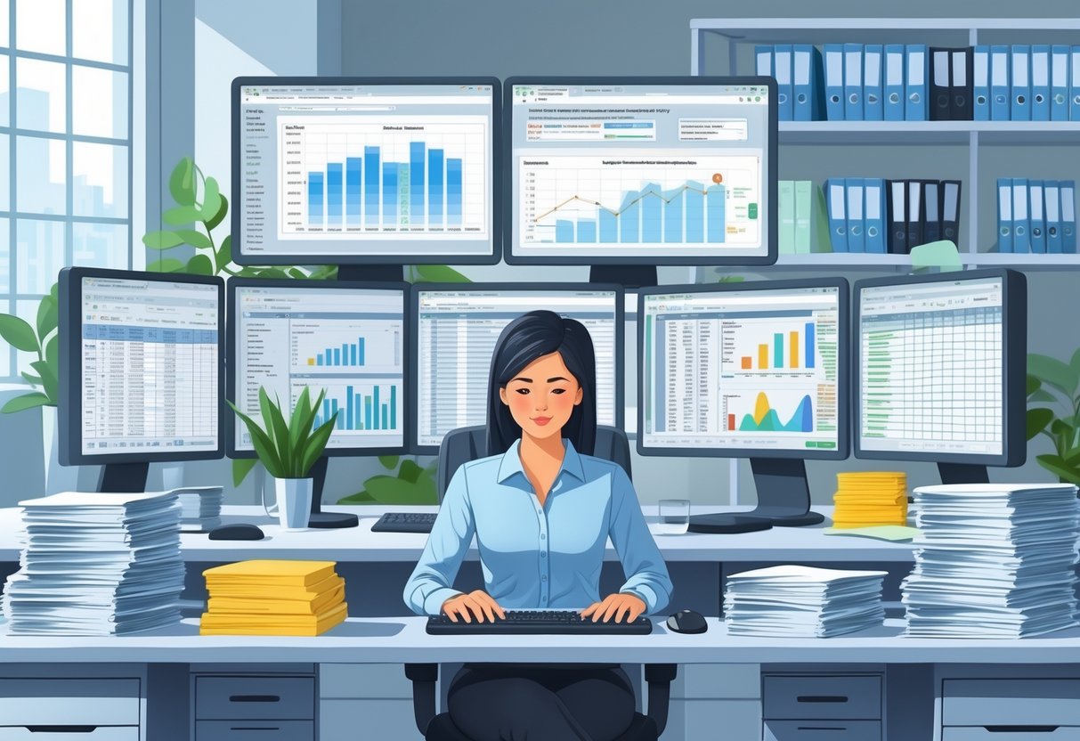 11 Data Entry Clerk Resume Examples - March 2025: Top Samples and Writing Tips 5 A data entry clerk working at a desk with multiple computer monitors showing data and documents in an office setting.