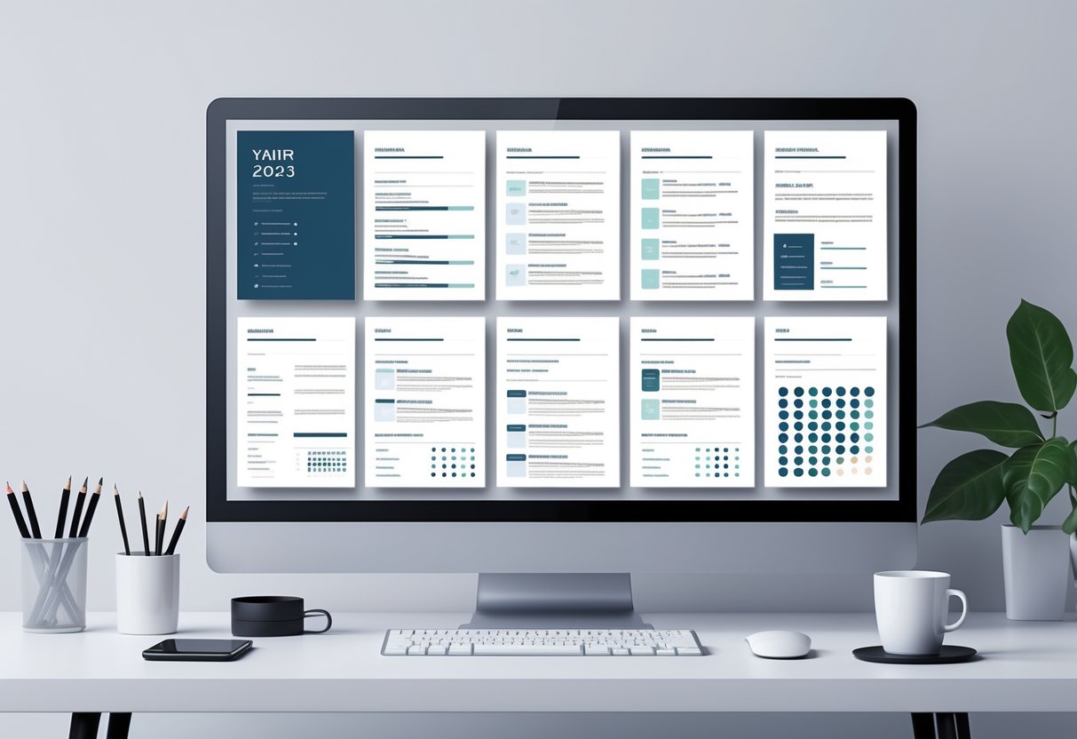 10 Chronological Resume Templates for 2025 | PDF & TXT for Modern Job Seekers 5 A clean workspace with a computer showing multiple chronological resume templates arranged on the screen, surrounded by office supplies.