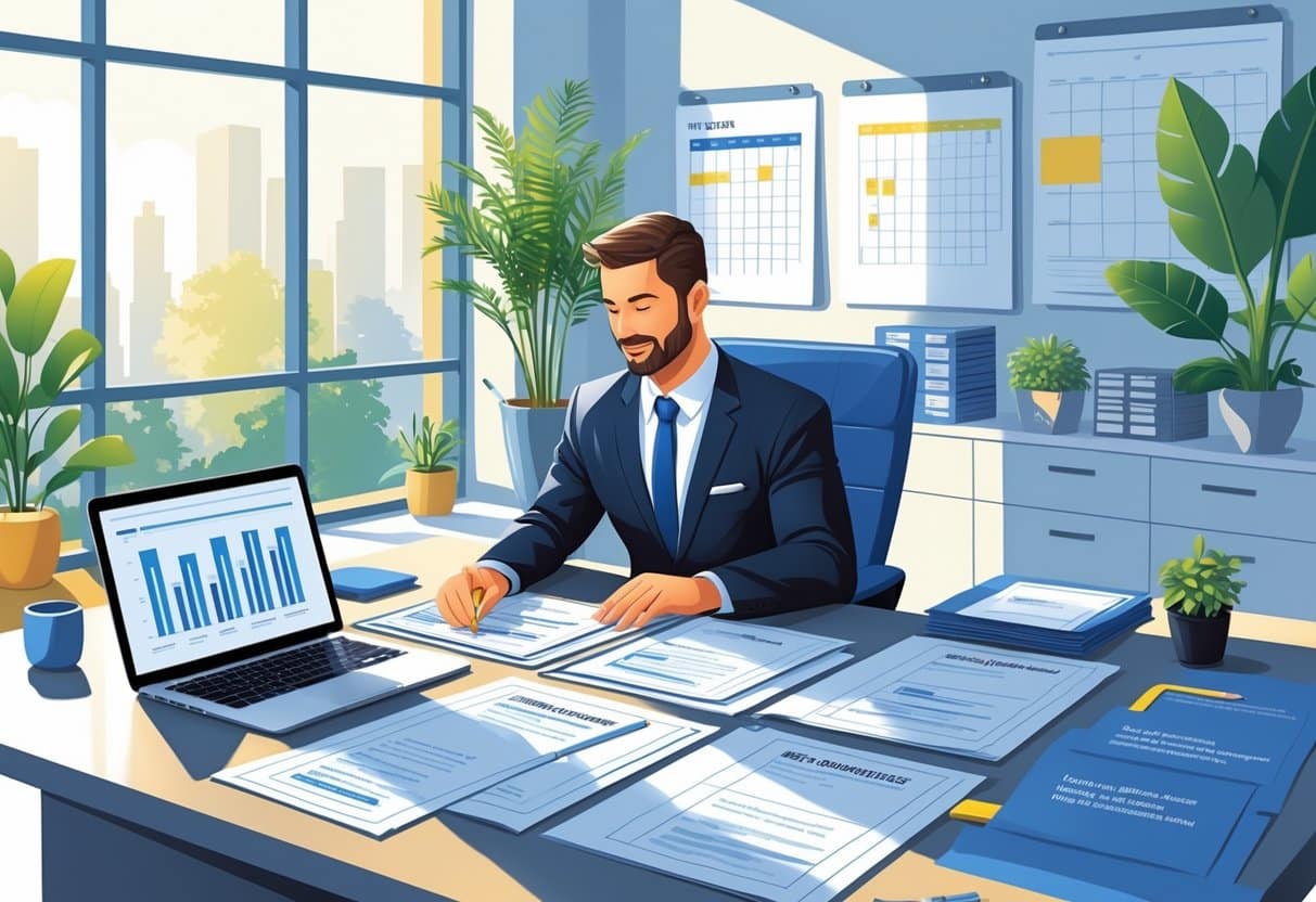 7 HR Manager Resume Examples & Guide for 2025: Templates, Skills, and Writing Tips 1 An HR manager reviewing multiple resumes at a desk in a modern office setting with a laptop and organized folders nearby.