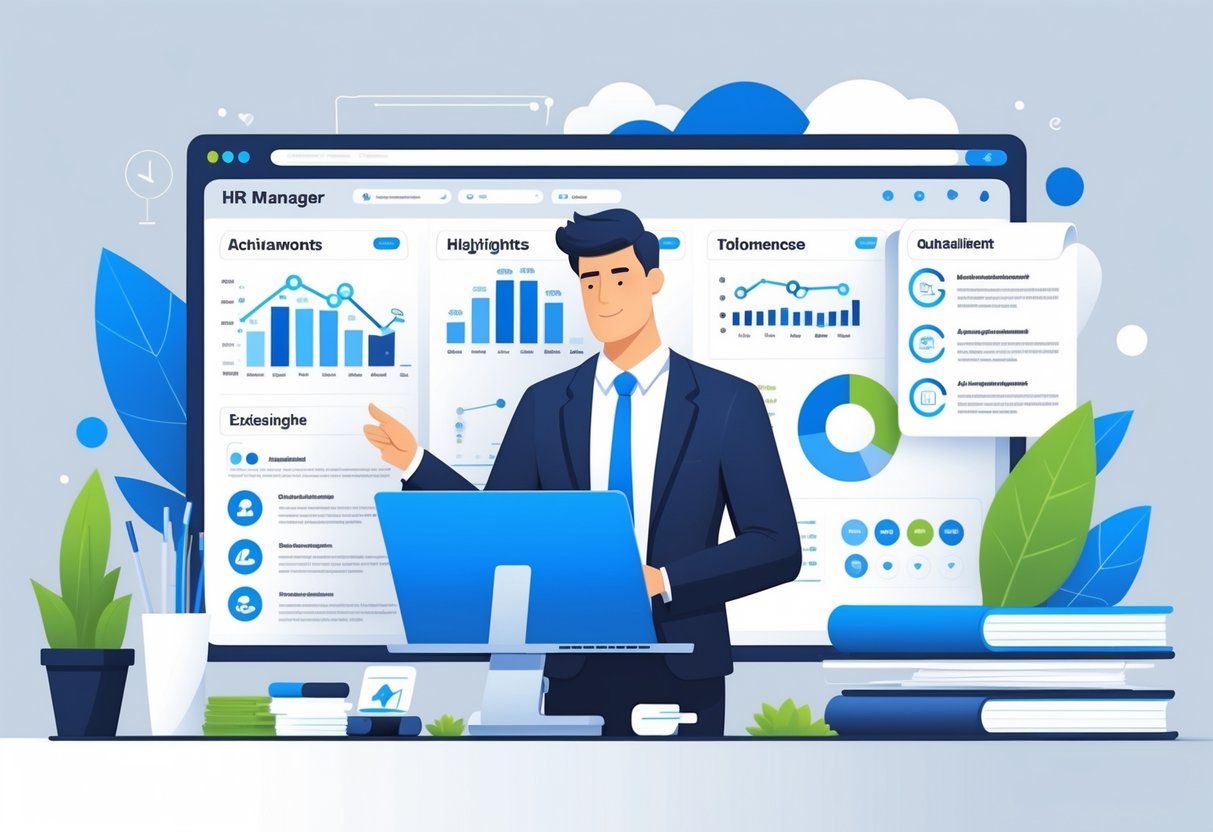 7 HR Manager Resume Examples & Guide for 2025: Templates, Skills, and Writing Tips 2 An HR manager in an office reviewing a digital dashboard with graphs and charts representing key achievements and performance metrics, surrounded by elements symbolizing resumes and talent management.
