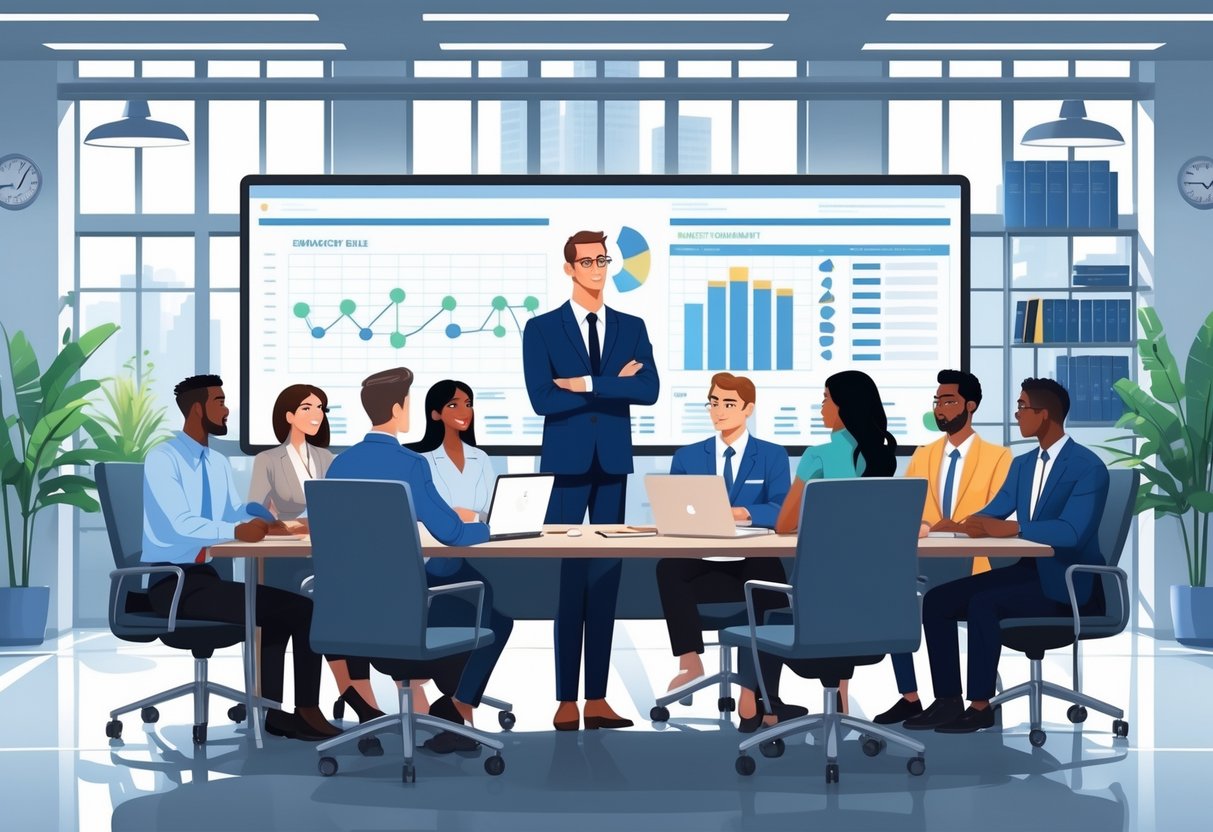 7 HR Manager Resume Examples & Guide for 2025: Templates, Skills, and Writing Tips 3 An HR manager leading a diverse team in a modern office around a conference table with laptops and charts, discussing project plans.