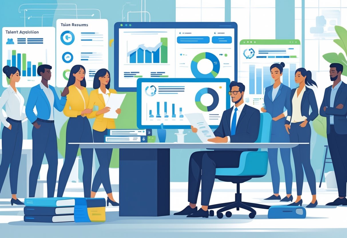 7 HR Manager Resume Examples & Guide for 2025: Templates, Skills, and Writing Tips 4 An HR manager reviewing resumes at a desk with employees collaborating in the background in a bright office.