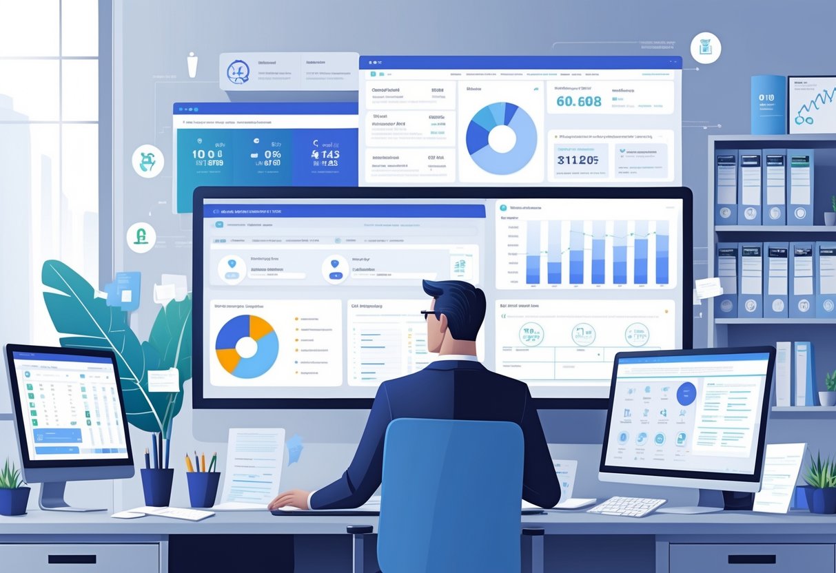 7 HR Manager Resume Examples & Guide for 2025: Templates, Skills, and Writing Tips 5 An HR manager working at a desk with computer screens showing HR and payroll software in a modern office.