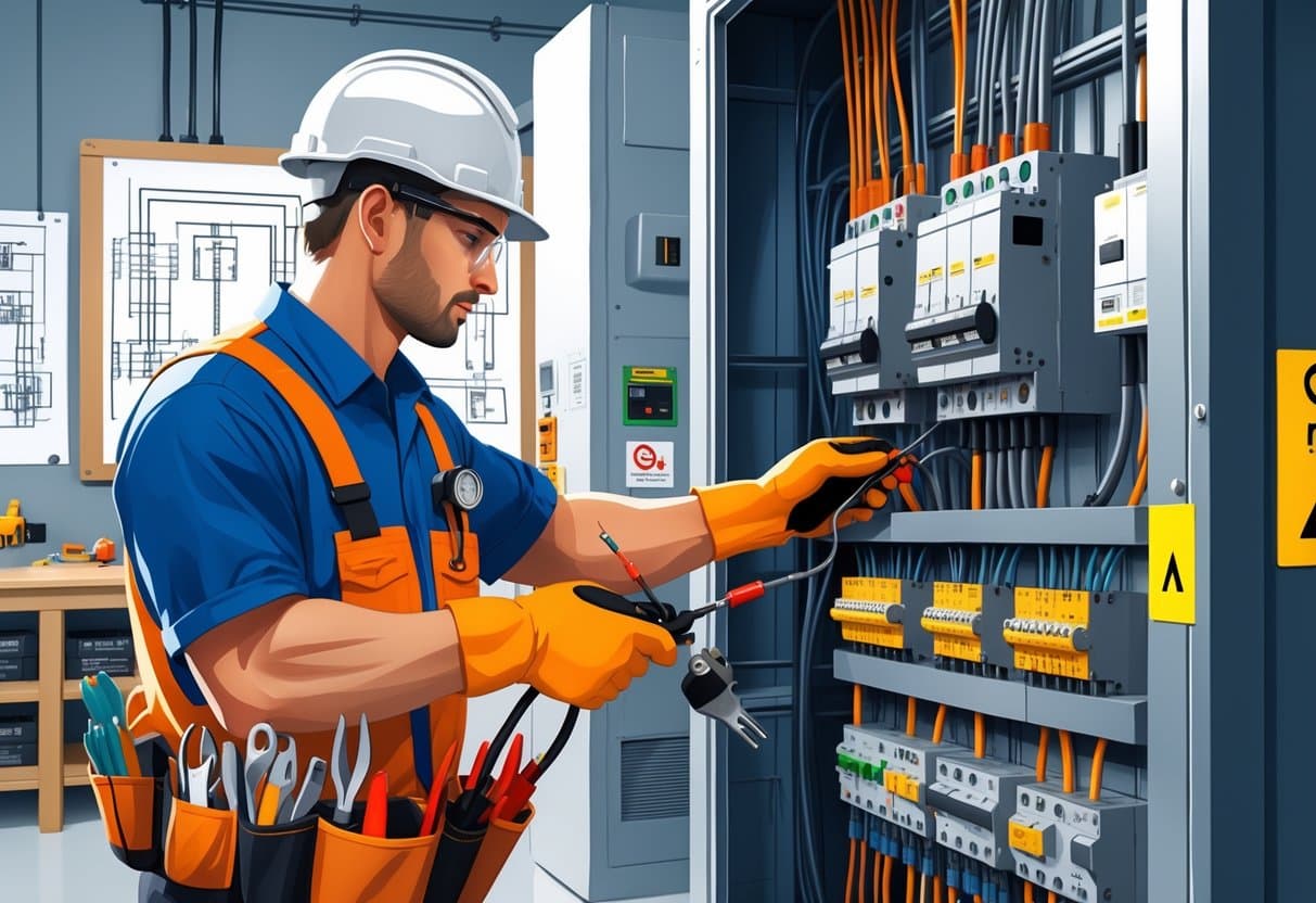 10 Journeyman Electrician Resume Examples & Guide for 2025: Templates, Skills, and Tips for Success 2 An electrician wearing safety gear working on wiring inside an electrical panel in a well-equipped workshop.