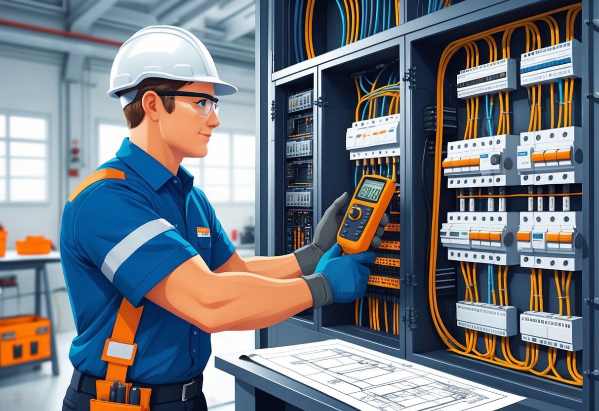 10 Journeyman Electrician Resume Examples & Guide for 2025: Templates, Skills, and Tips for Success 3 An electrician wearing safety gear inspects electrical wiring inside a control panel in a well-equipped workshop.