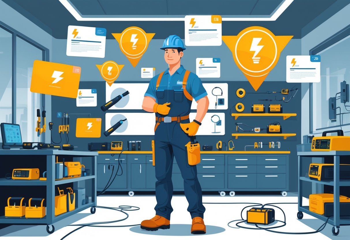 10 Journeyman Electrician Resume Examples & Guide for 2025: Templates, Skills, and Tips for Success 4 An electrician in safety gear stands in a modern workshop surrounded by certificates and electrical tools, symbolizing education and professional achievement.