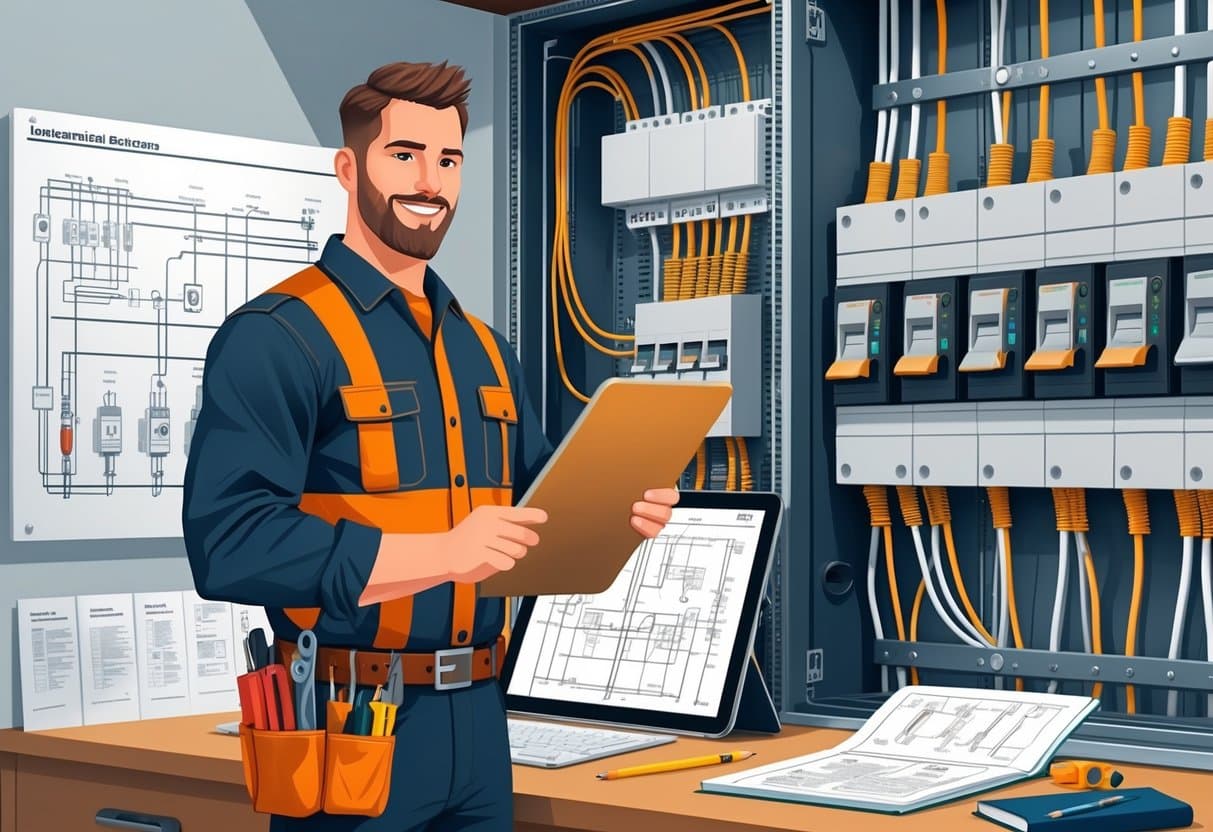10 Journeyman Electrician Resume Examples & Guide for 2025: Templates, Skills, and Tips for Success 5 An electrician working with an electrical panel, holding a tablet, surrounded by tools and manuals.
