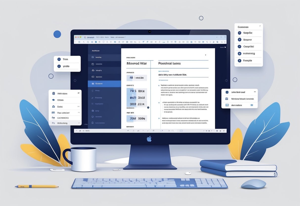 A Go-To Guide to Microsoft Word Resume Templates: Tips for Crafting a Professional Resume 2 A workspace with a computer showing a resume template and font customization tools on the screen, with office supplies around it.