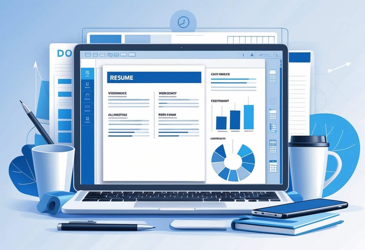 A Go-To Guide to Microsoft Word Resume Templates: Tips for Crafting a Professional Resume 3 A workspace with a laptop showing a resume template, surrounded by office supplies and a background chart representing skill development.