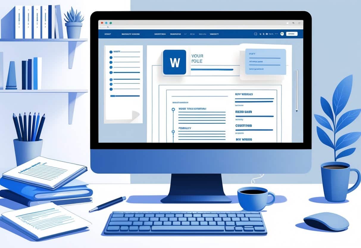 A Go-To Guide to Microsoft Word Resume Templates: Tips for Crafting a Professional Resume 4 A workspace with a computer displaying a resume template featuring bullet points, surrounded by office supplies and a plant.
