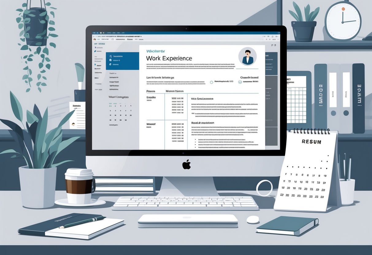 A Go-To Guide to Microsoft Word Resume Templates: Tips for Crafting a Professional Resume 5 A workspace with a computer showing a resume layout, surrounded by office supplies and a calendar.