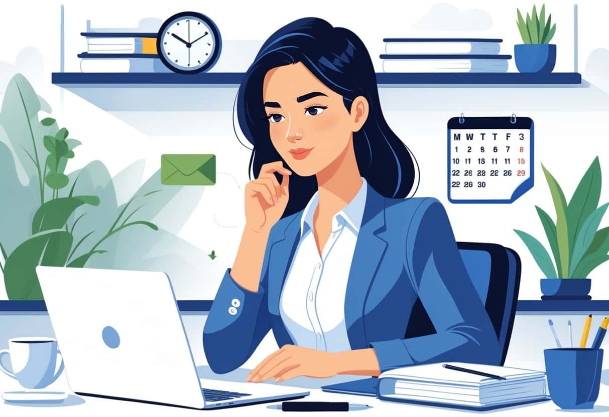 How to Decline an Interview: With Tips and Templates for 2025 to Gracefully Say No 1 A woman sitting at a desk writing an email on her laptop in a tidy office setting.