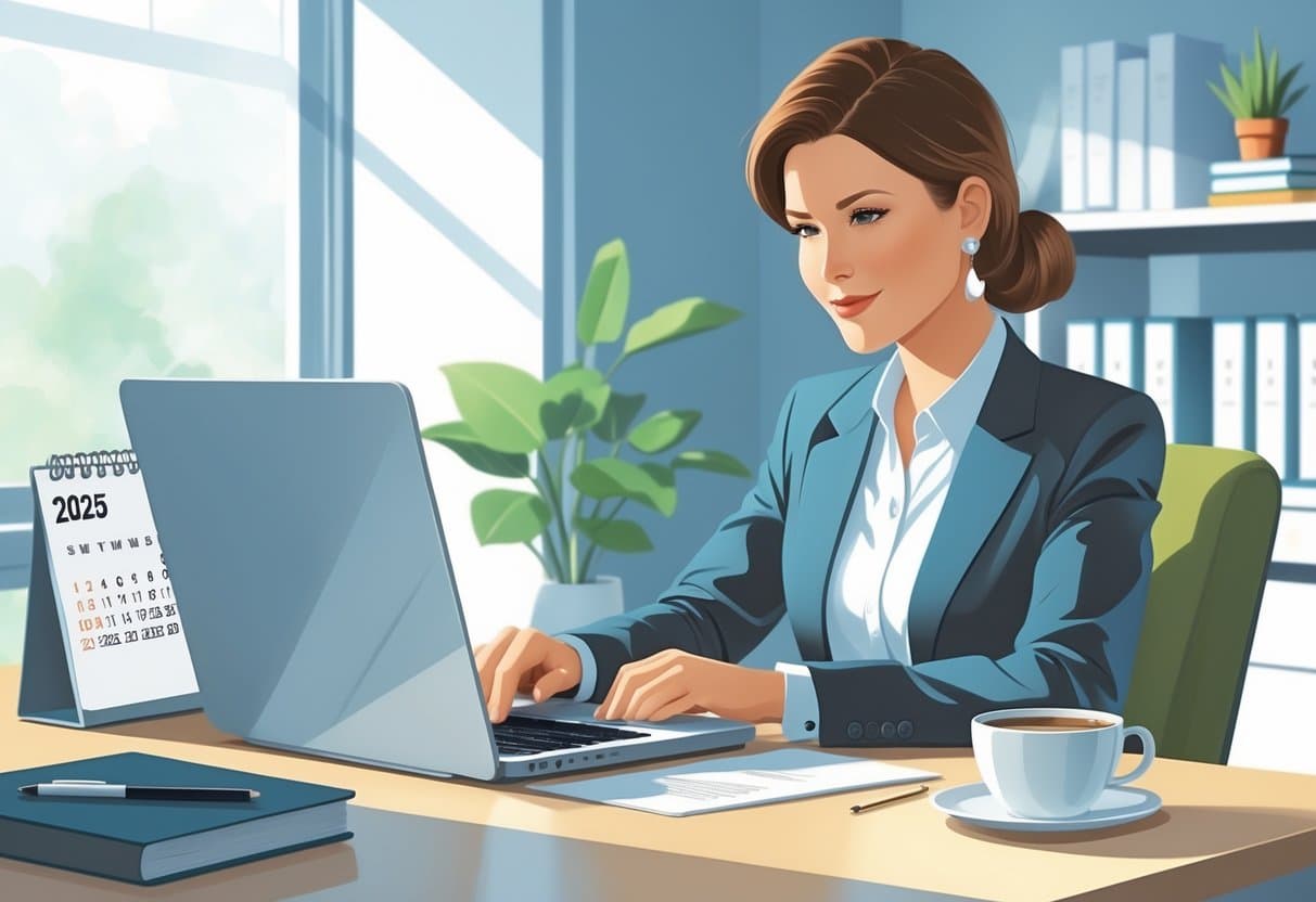 How to Decline an Interview: With Tips and Templates for 2025 to Gracefully Say No 3 A person sitting at a desk in an office, thoughtfully writing on a laptop with a calendar showing 2025 in the background.