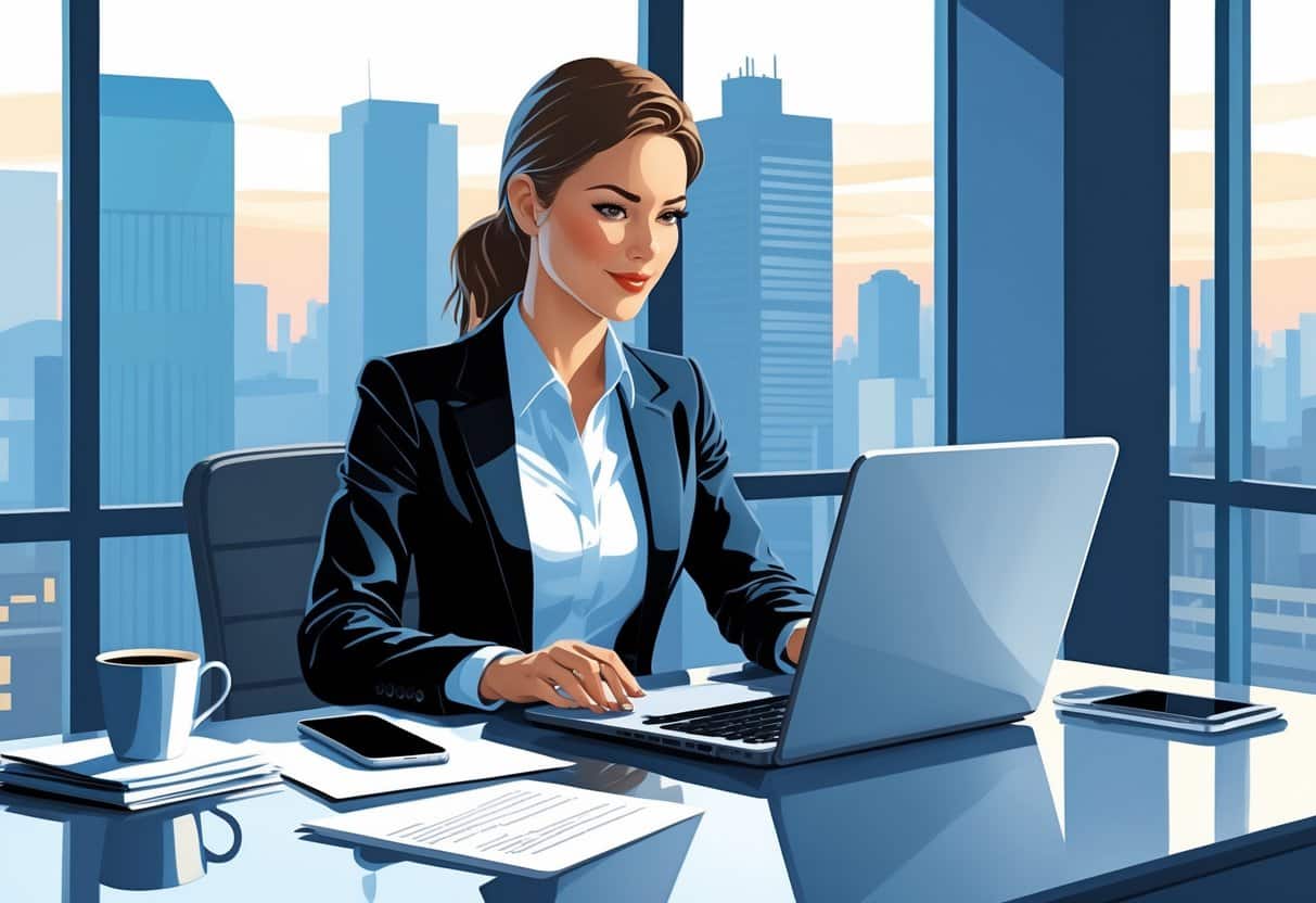 How to Decline an Interview: With Tips and Templates for 2025 to Gracefully Say No 4 A businesswoman sitting at a desk typing on a laptop in a bright office with a city view, appearing focused and professional.
