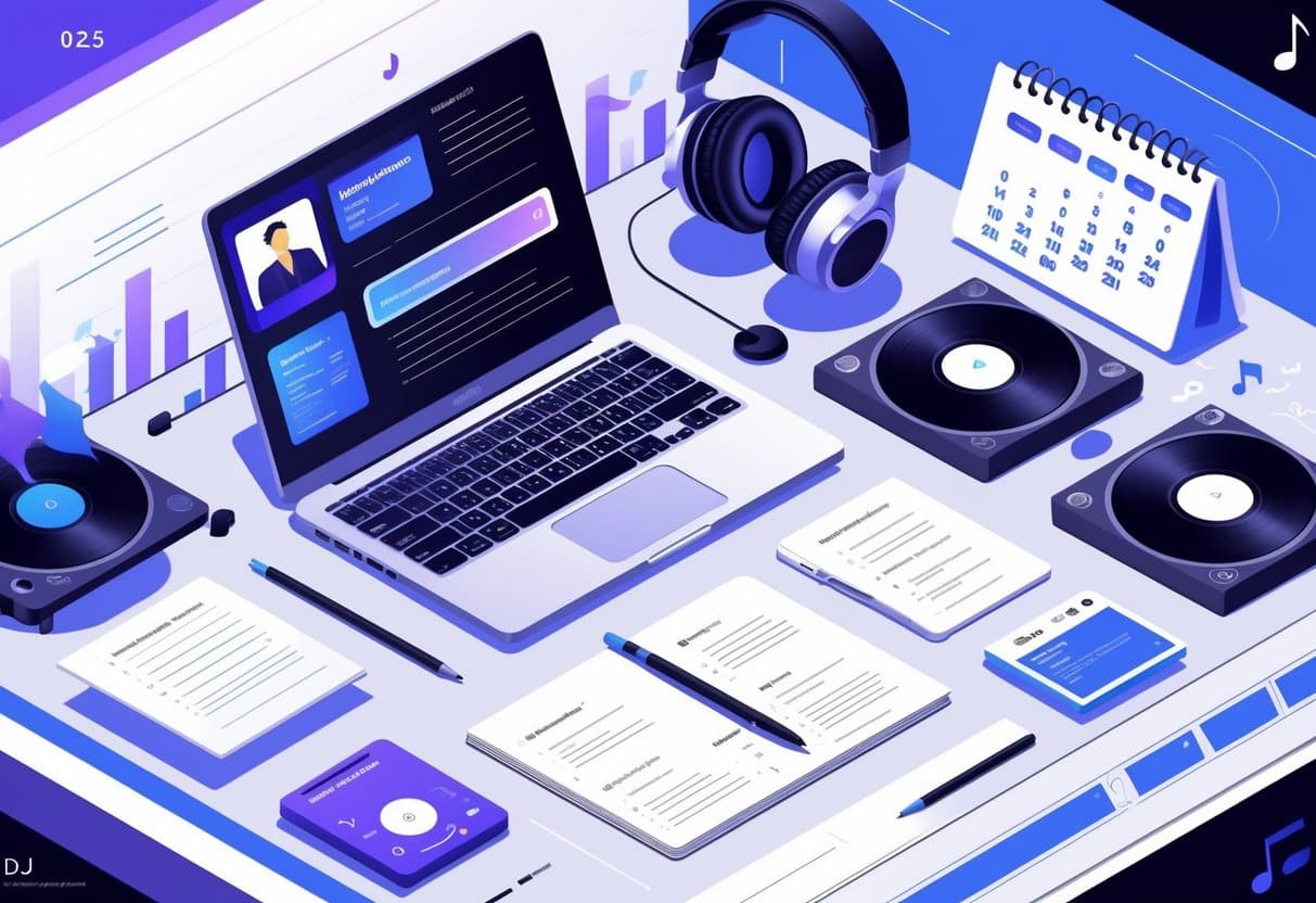 A workspace with a laptop, DJ equipment, and notes representing career planning for a DJ in 2025.